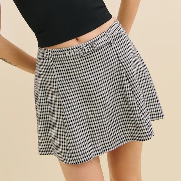 Reformation Rory Linen Belt Buckle A Line Mini Skirt Remy Check Gingham Plaid - Picture 5 of 10
